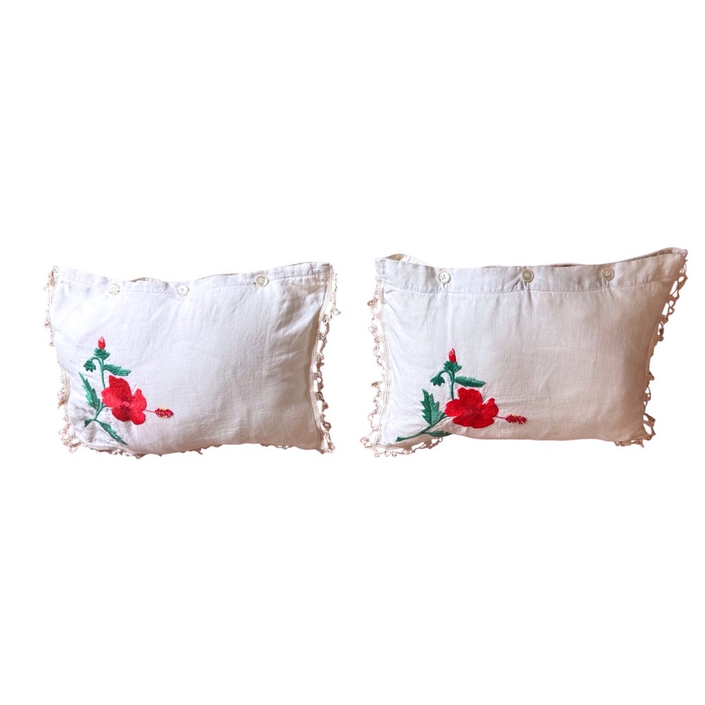 Handmade Accent Pillows Set Red Hibiscus Embroidery Crochet Lace